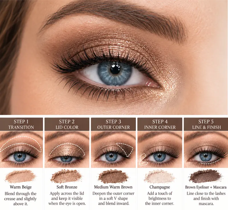 Close-up blue eye with soft bronze eyeshadow and step-by-step placement guides for warm beige, bronze, brown, champagne, and liner.