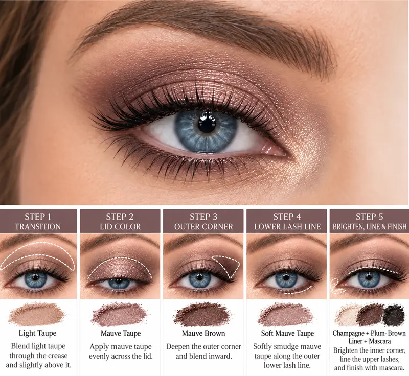 Blue eye with taupe and muted mauve eyeshadow, plum-brown liner, and step-by-step placement guides.