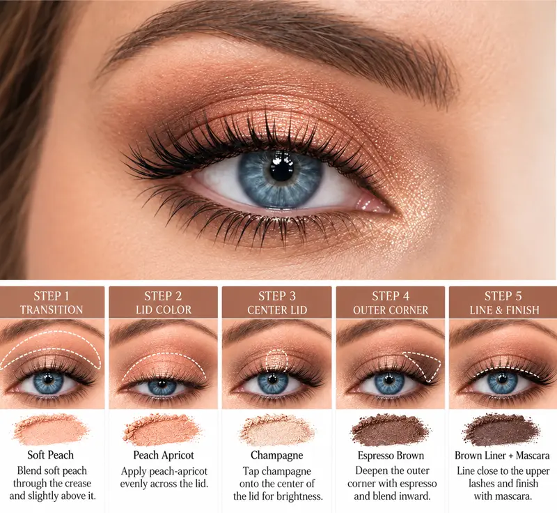 Blue eye with soft peach eyeshadow, champagne shimmer, espresso brown definition, and five step-by-step makeup guides.