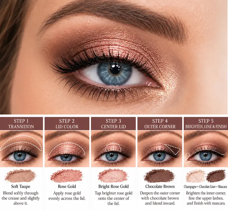Blue eye with rose-gold eyeshadow, chocolate brown definition, champagne highlight, and five makeup placement steps.