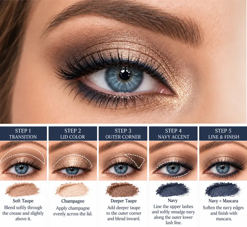 Blue eye with champagne shadow, taupe definition, and navy liner shown in a five-step eye makeup tutorial.