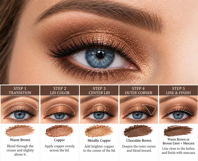Blue eye with copper eyeshadow, warm brown crease, chocolate outer corner, and step-by-step makeup placement guides.