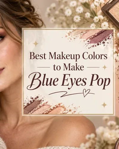 Blue-eyed woman beside an assortment of bronze, taupe, plum, and champagne eye makeup with the article title centered.