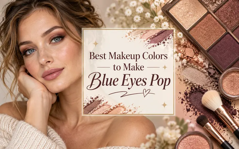 Blue-eyed woman beside an assortment of bronze, taupe, plum, and champagne eye makeup with the article title centered.