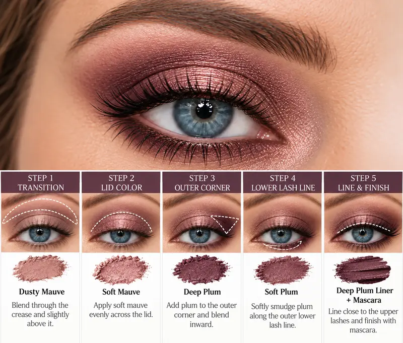 Blue eye with dusty mauve and plum eyeshadow plus step-by-step guides for crease, lid, outer corner, lower lash line, and liner.