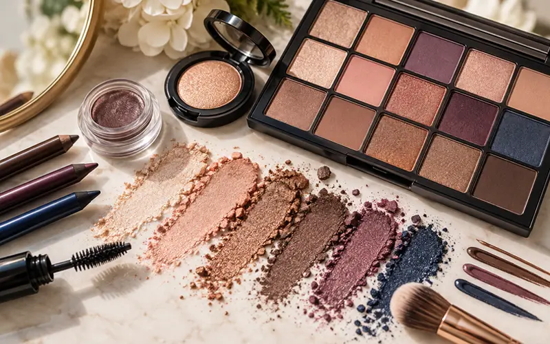 Flat lay of eyeshadow, eyeliner, mascara, and makeup brushes in champagne, peach, bronze, taupe, plum, and navy shades.