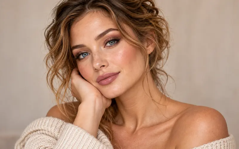 Blue-eyed woman wearing softly blended neutral eye makeup that makes her bright blue eyes stand out.