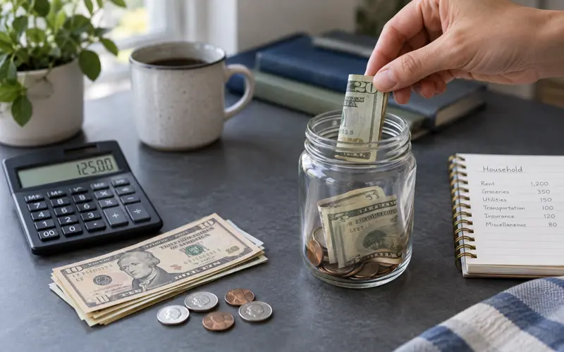 Hand placing money into a jar to rebuild emergency savings