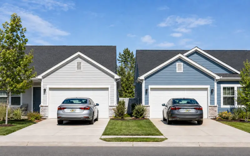 Two similar cars parked at neighboring homes illustrating differences in car insurance premiums.