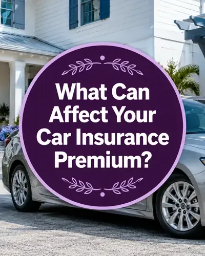 Silver car with a centered graphic highlighting factors that affect car insurance premiums.