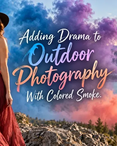 Dramatic outdoor portrait surrounded by colorful smoke in natural light.