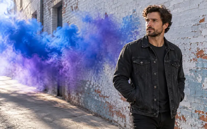 Man posing beside a weathered brick wall as blue and purple smoke drifts through the background.