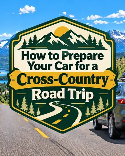 Scenic highway and road-trip vehicle with decorative cross-country road trip title.