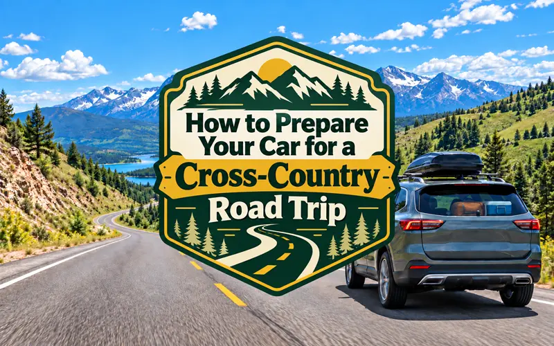 Scenic highway and road-trip vehicle with decorative cross-country road trip title.
