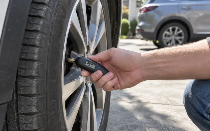 Tire pressure gauge being used to check a car tire before a long road trip.