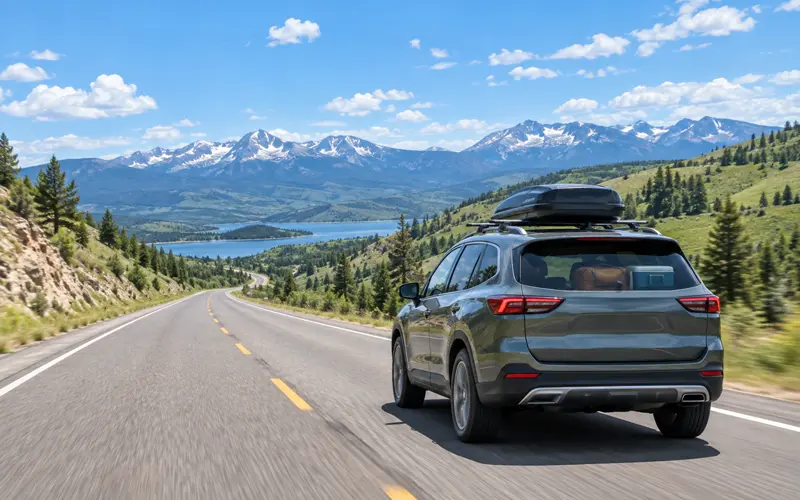Car packed and ready for a cross-country road trip on a scenic American highway.