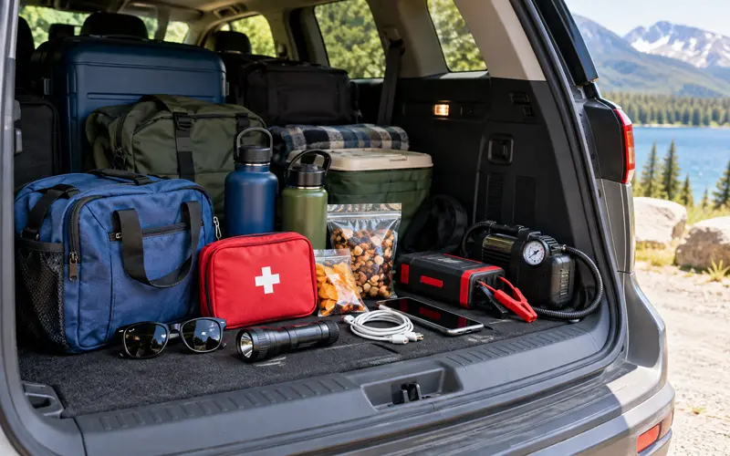 Road trip essentials organized in the open cargo area of a vehicle.