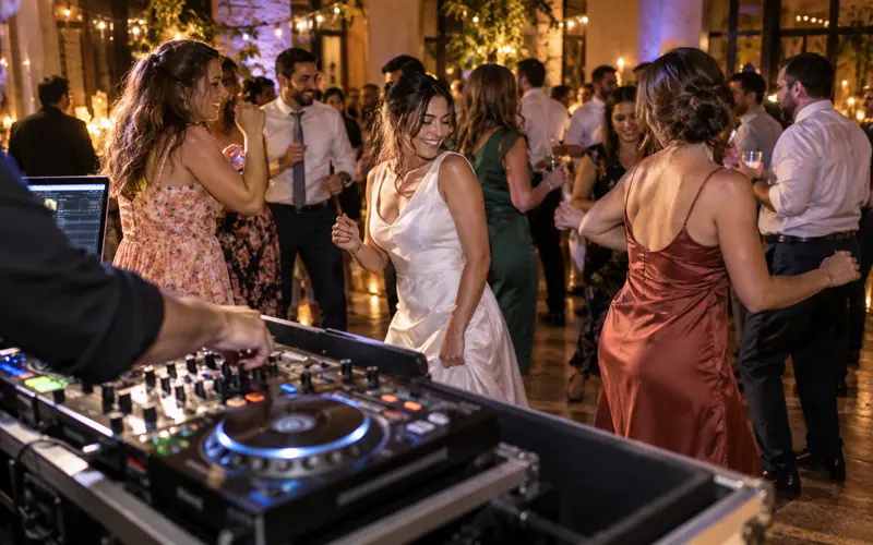 DJ booth overlooking an active dance floor during an evening celebration.