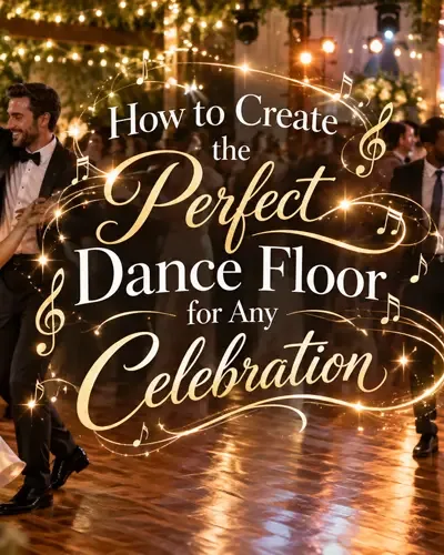 Stylish celebration dance floor with festive lighting and music-themed decorative graphics.