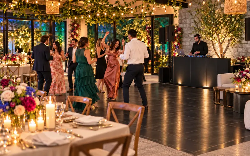 Elegant event dance floor with warm lighting, tables, and a DJ setup ready for an evening celebration.