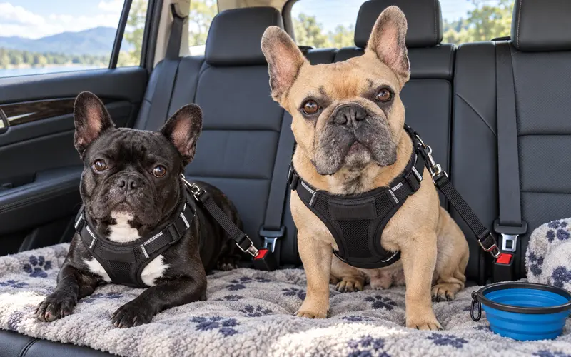 Two French Bulldogs safely secured in the back seat during a road trip.