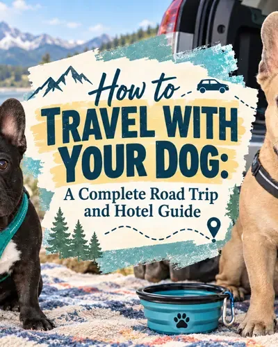 Dog-friendly travel scene featuring two French Bulldogs and road trip essentials.