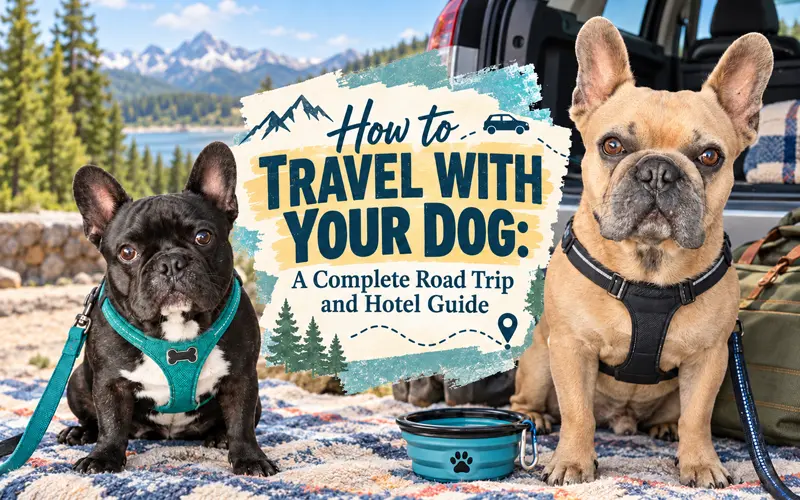 Dog-friendly travel scene featuring two French Bulldogs and road trip essentials.