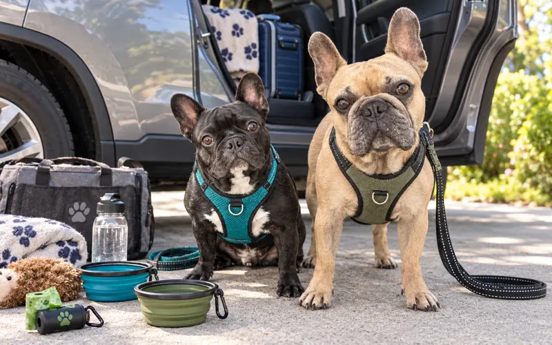 Two French Bulldogs traveling by car with pet road trip supplies packed for vacation.