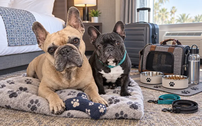 Two French Bulldogs relaxing together in a pet-friendly hotel room.