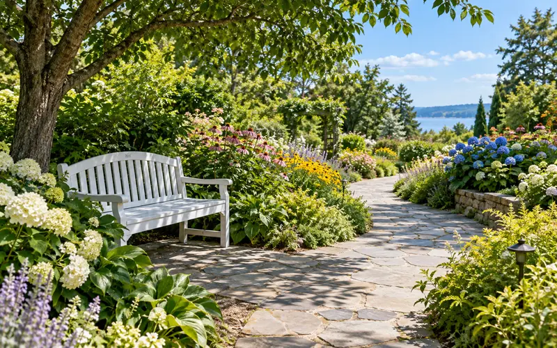 Sunlit botanical garden path surrounded by colorful late-summer flowers