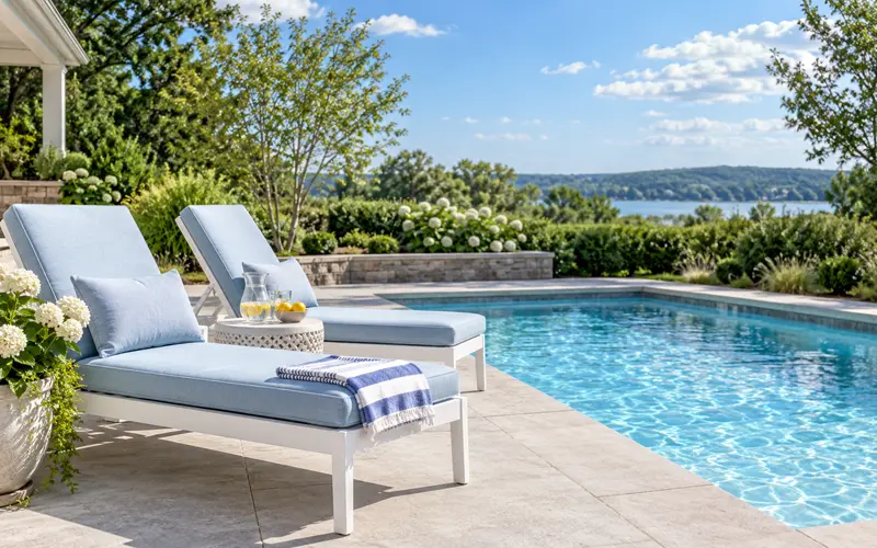 Peaceful backyard pool and patio on a bright late-summer afternoon