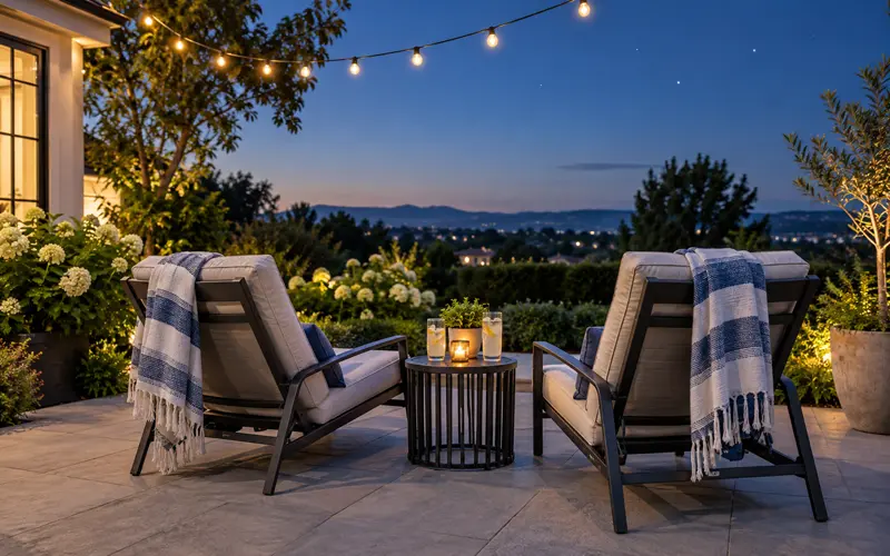 Comfortable backyard stargazing setup beneath a clear late-summer evening sky