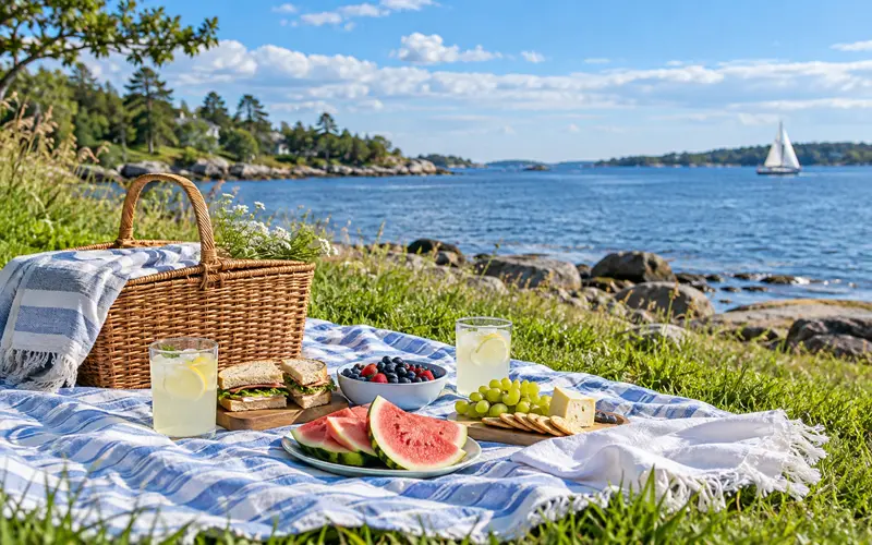 Waterfront picnic with sandwiches, fruit, and cold drinks in the late-summer sunshine