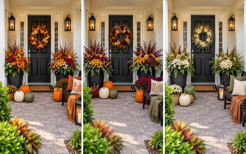 Three fall color combinations demonstrated on the same front porch using flowers, pumpkins, and seasonal accents.