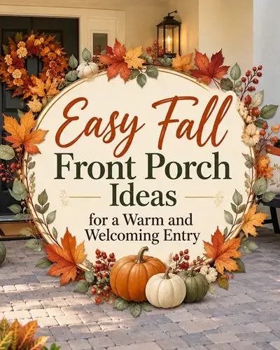 Fall front porch with pumpkins, flowers, and a decorated bench surrounding the article title.