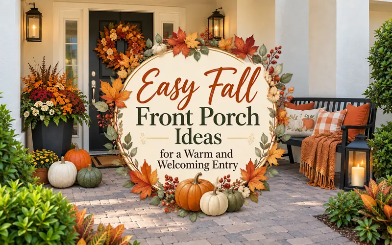 Fall front porch with pumpkins, flowers, and a decorated bench surrounding the article title.