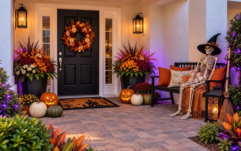 Fall porch transitioned to Halloween with a skeleton, witch decorations, purple lights, and existing pumpkins and flowers.