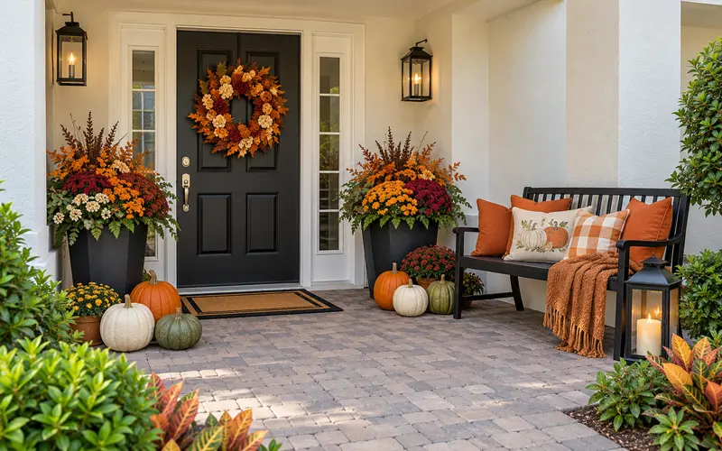 Fall front porch decorated with pumpkins, seasonal flowers, a black bench, and warm autumn accents.