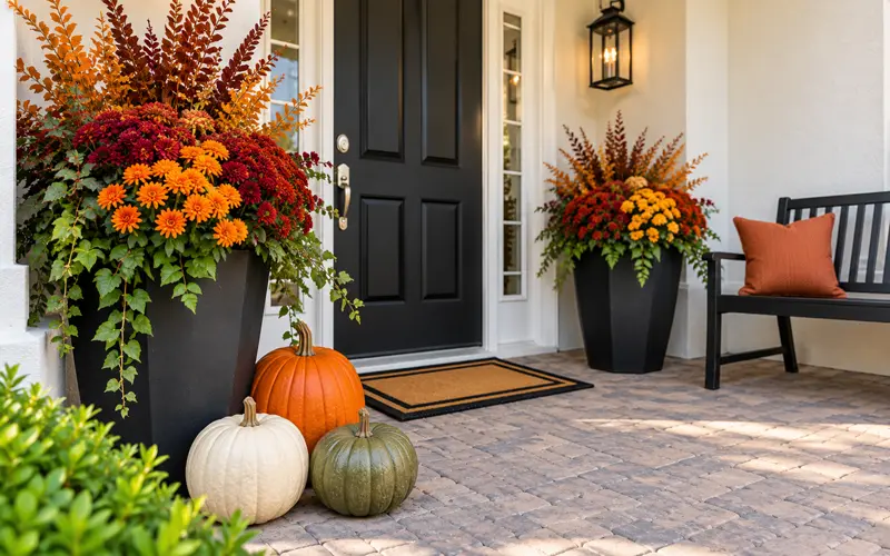 Simple fall porch with seasonal flowers added to black planters and a few pumpkins near the front door.