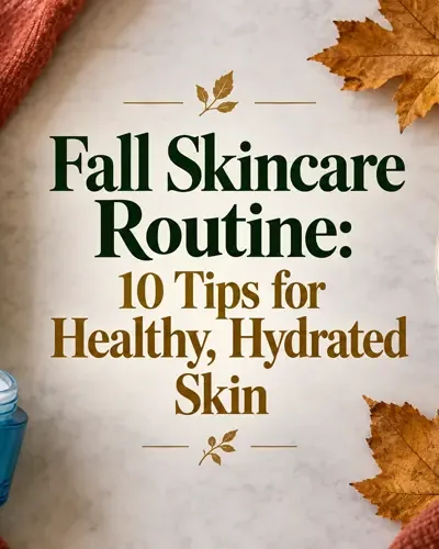 Fall skincare essentials with the article title centered over a seasonal background