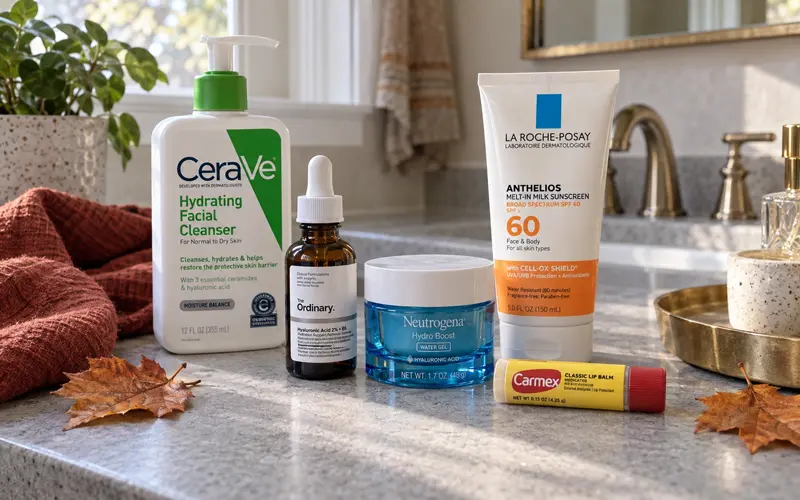 Fall skincare products arranged with moisturizer, cleanser, serum, and sunscreen