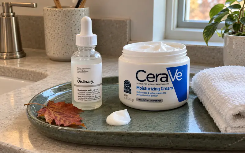 Open moisturizer jar with a creamy texture beside gentle skincare essentials