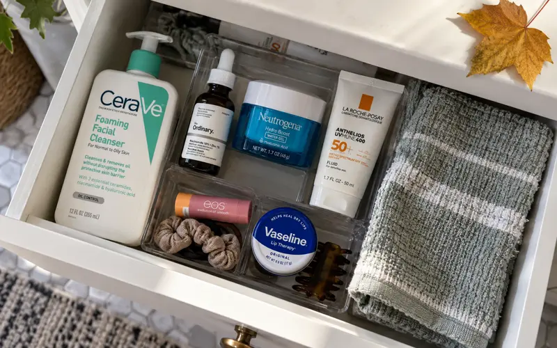 Everyday skincare products organized in an open bathroom vanity drawer