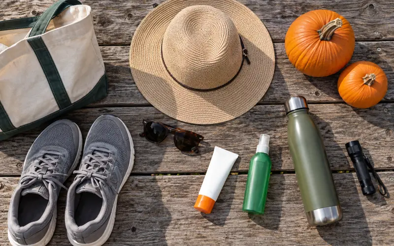 Shoes, sun protection, water, and flashlight packed for a Florida farm visit