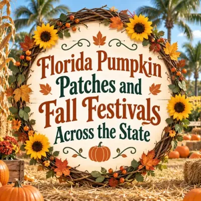 Florida pumpkin patch with decorative article title centered over the scene