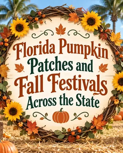 Florida pumpkin patch with decorative article title centered over the scene