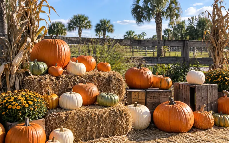 Florida pumpkin patch filled with pumpkins, hay bales, and palm trees