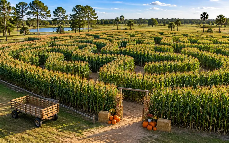 Large Florida corn maze with pumpkins and an empty farm wagon
