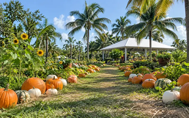 Pumpkins lining a grassy path through a sunny South Florida farm with palm trees and a white pavilion.
