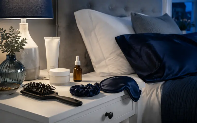 Nighttime skincare and haircare essentials arranged beside a silk pillowcase and sleep mask.